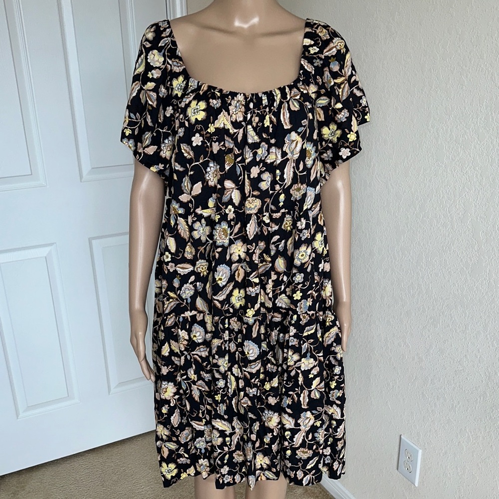 NWT Old Navy Black Floral Midi Dress with Cream & Yellow Blooms Size XL Tall